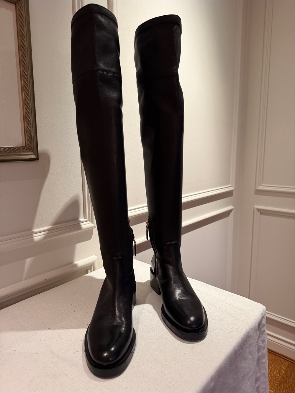 Valentino Black Leather Over-the-Knee Boots with Gold Stud Heel